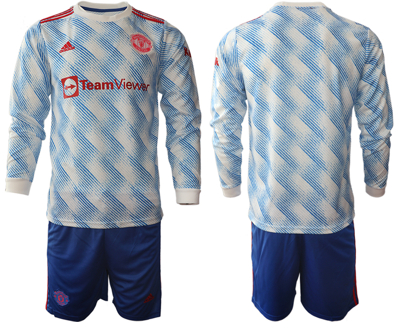 Men 2021-2022 Club Manchester united away blue Long Sleeve blank Soccer Jersey->manchester city jersey->Soccer Club Jersey